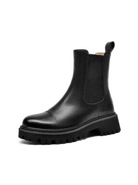 Leather Lug Sole Ankle Chelsea Boots Round Toe Slip On Booties